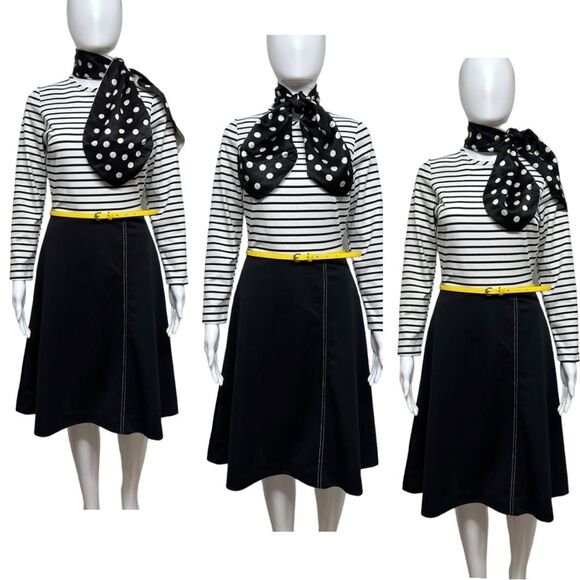 VINTAGE 60s 70s Mod Groovy Black White Polyester Striped Fit & Flare Dress 6 8 S - Picture 4 of 14
